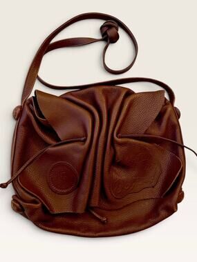Vintage Carlos Falchi Buffalo Leather Butterfly Drawstring Bag Slouchy Brown